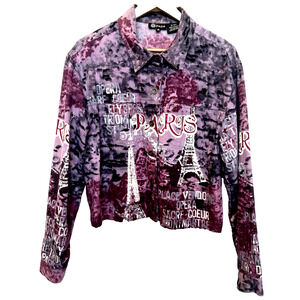 Y2K Vintage Art To Wear Denim Jacket Womens XL Paris Bling Glam Artsy‎ Festival